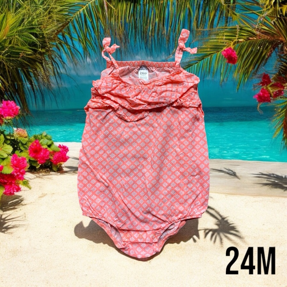 24M Carters Girls Coral Lightweight Romper Onesie
